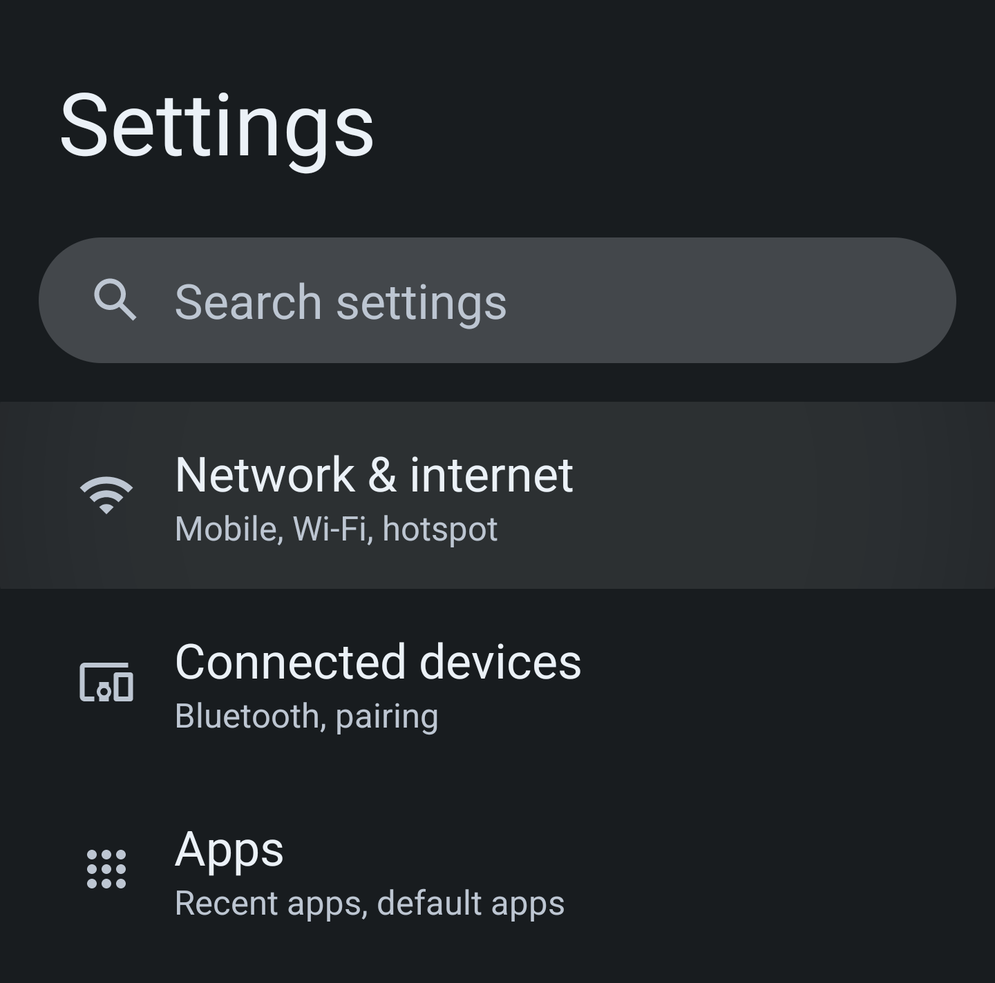 The settings app, with the &ldquo;Network & Internet&rdquo; section highlighted.