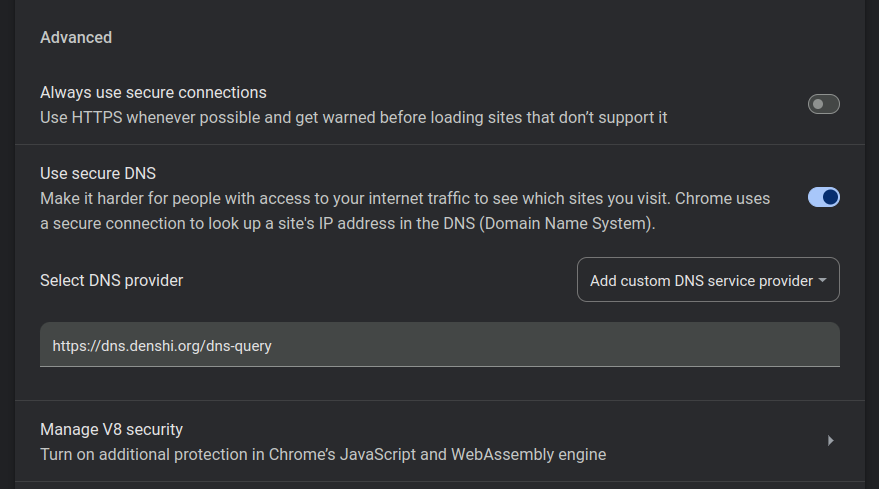 A custom dns in the Google Chrome DNS prompt.