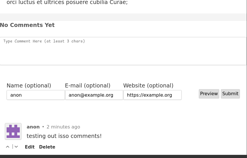 Deployed isso comments section with anon commenting &ldquo;testing out isso comments!&rdquo;