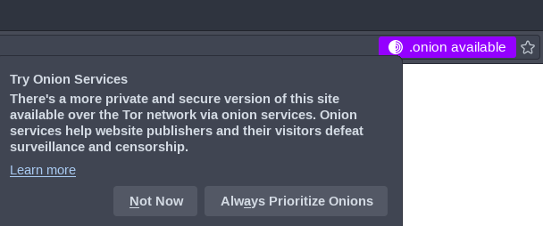 The redirect notification, with a purple button to access the hidden service.