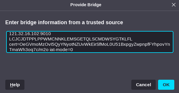 The window where you can paste the bridge information.