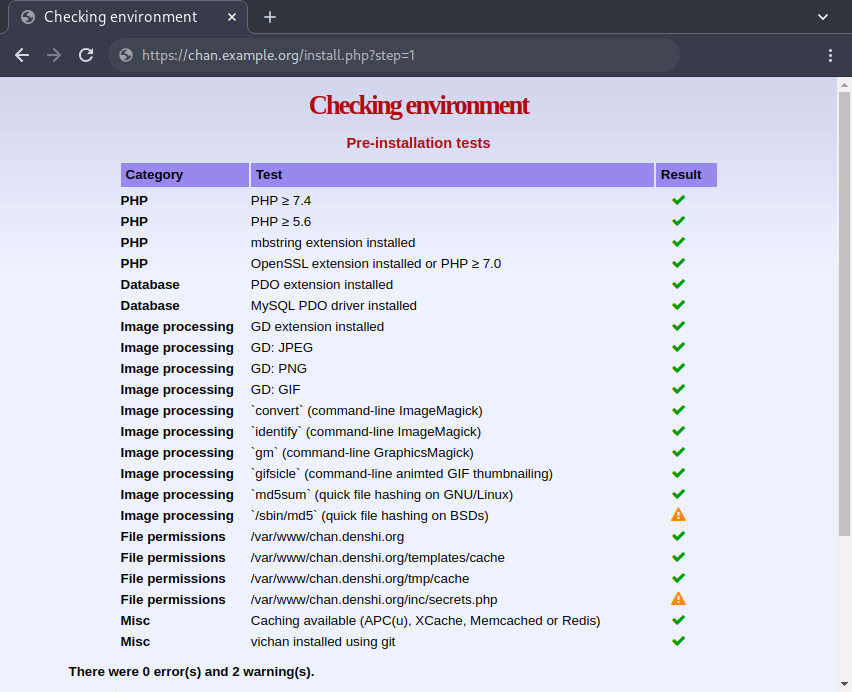The Vichan environment check page, with ticks and warning symbols depending on the issue.