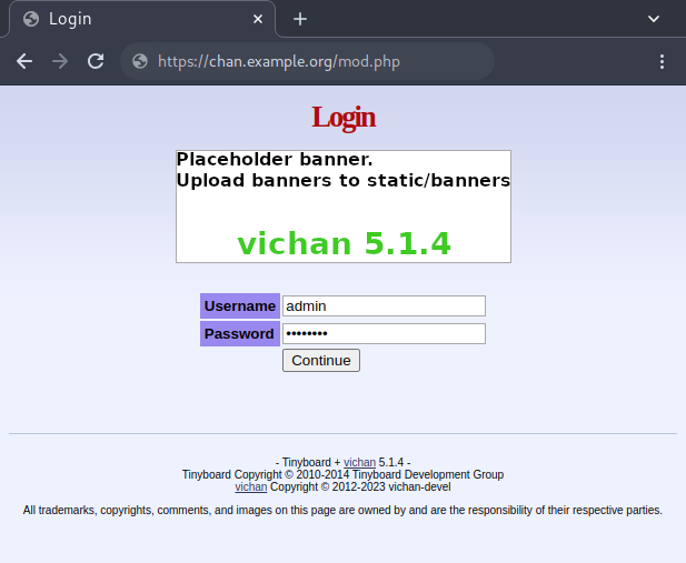 The Vichan moderator login page, with the placeholder banner.